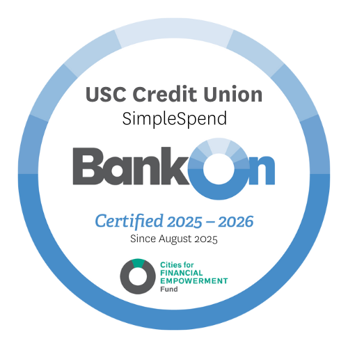 USC Credit Union's SimpleSpend checking is BankOn certified since August 2025.